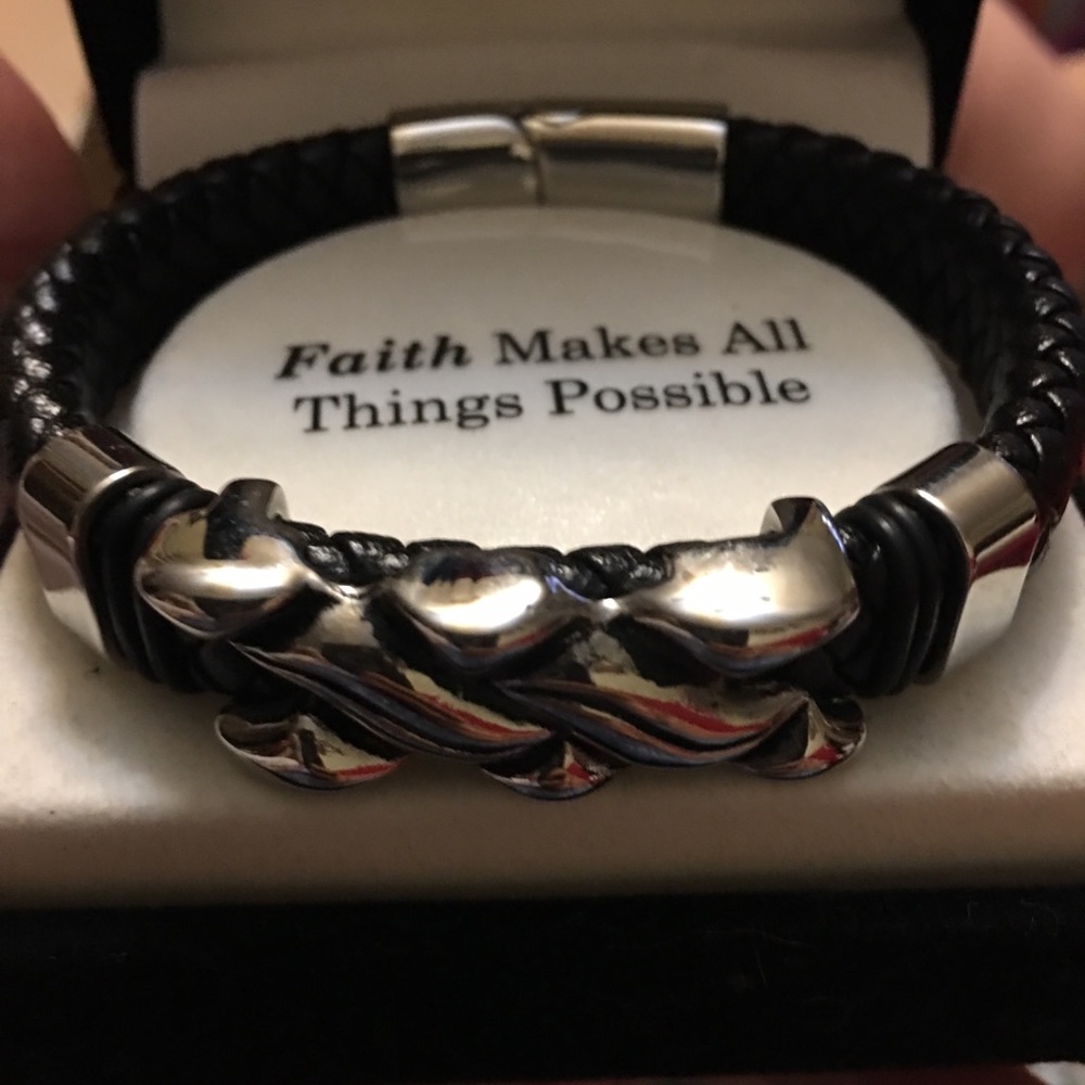 Stainless Steel and Black Braided Leather Bracelet